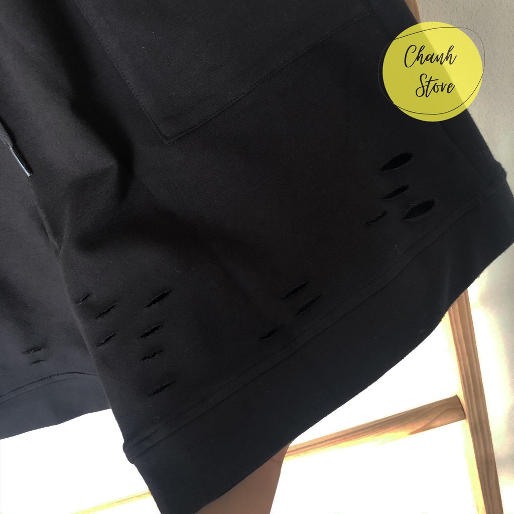 Quần Short Nam Streetwear Vải Nỉ Rách Gối  - Quần Đùi Nam Nữ Streetwear Vải Nỉ Co Giãn Tốt Thấm Hút Mồ Hôi