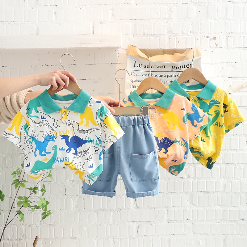 Set Đồ 2 Món Gồm Áo polo Và Quần Short denim In Hình Khủng Long Hoạt Hình Dành Cho Bé Trai 0-5 Tuổi