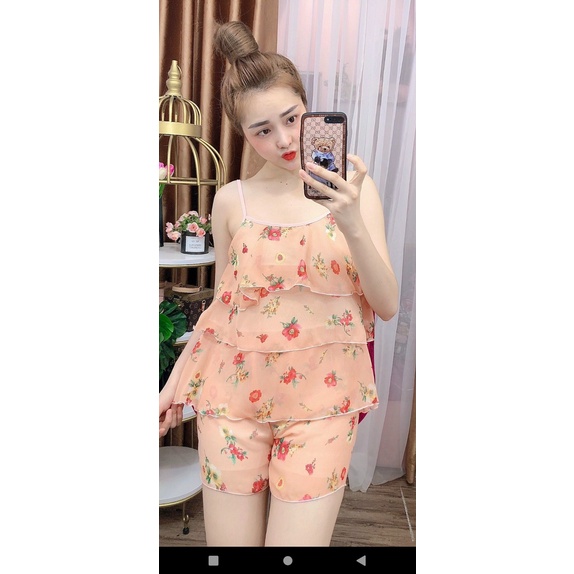 Set bộ áo 2 dây quần đùi ngắn lụa hàn Đồ mặc nhà họa tiết trái cây dễ thương | BigBuy360 - bigbuy360.vn