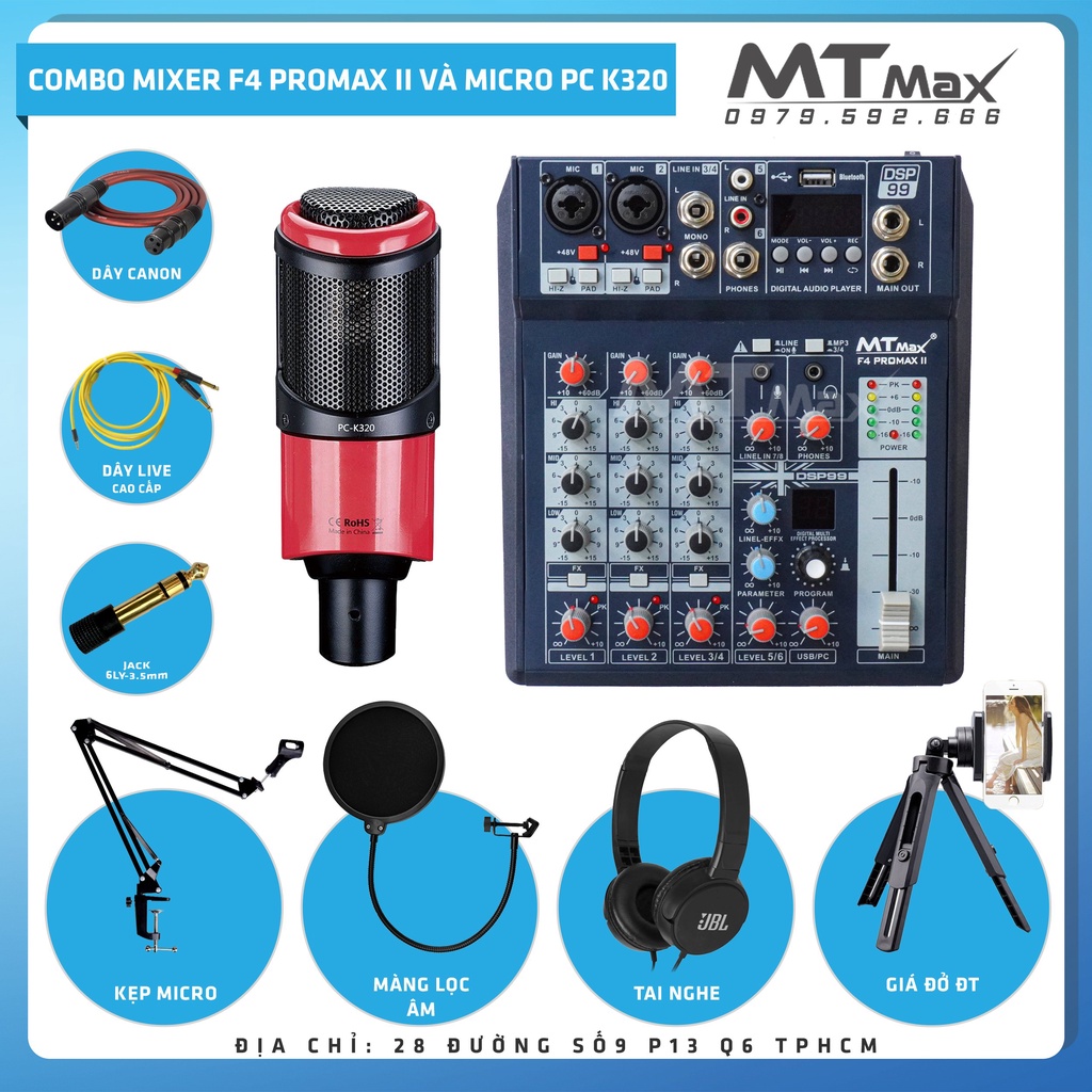 Combo mic thu âm livestream karaoke micro k320 + mixer f4 promax ii MT Max full phụ kiện bảo hành 12 tháng