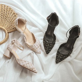 (FREESHIP)Giày cao gót nữ đế vuông bít gót đế cao 5 cm mũi nhọn vải dệt phối màu dịu dang phong cách công sở-Z615