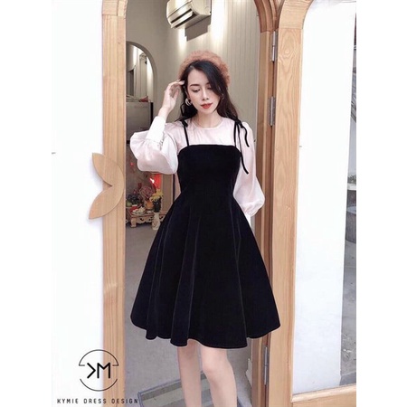 (FreeShip) Sét yếm váy xòe kèm áo tiểu thư tay phồng,lên from dễ thương,có 2 màu đen,nâu