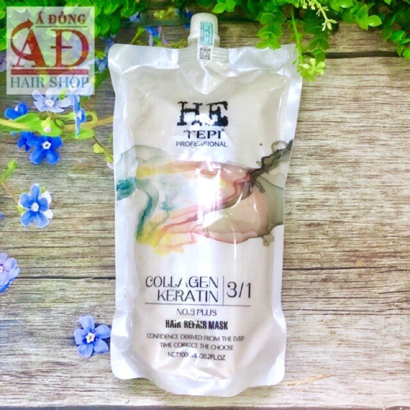 [Chính hãng] [New] Hấp dầu phục hồi tóc He Tepi Collagen Keratin 3 in 1 siêu mềm mượt chính hãng 1000ml (Trắng)