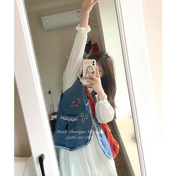 Áo gile jeans thêu đáng yêu viền ren có túi trước phong cách ulzzang retro kèm ảnh thật