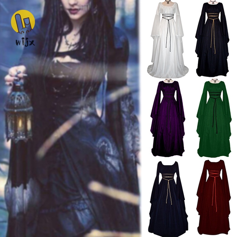 Đầm maxi tay dài cổ tròn thắt dây phong cách Gothic cổ điển thời trung cổ cho nữ