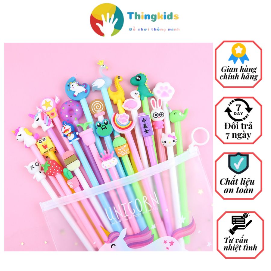 Set 20 chiếc bút bi mực nước siêu xinh nhiều hình cute kèm túi zip - Thingkids