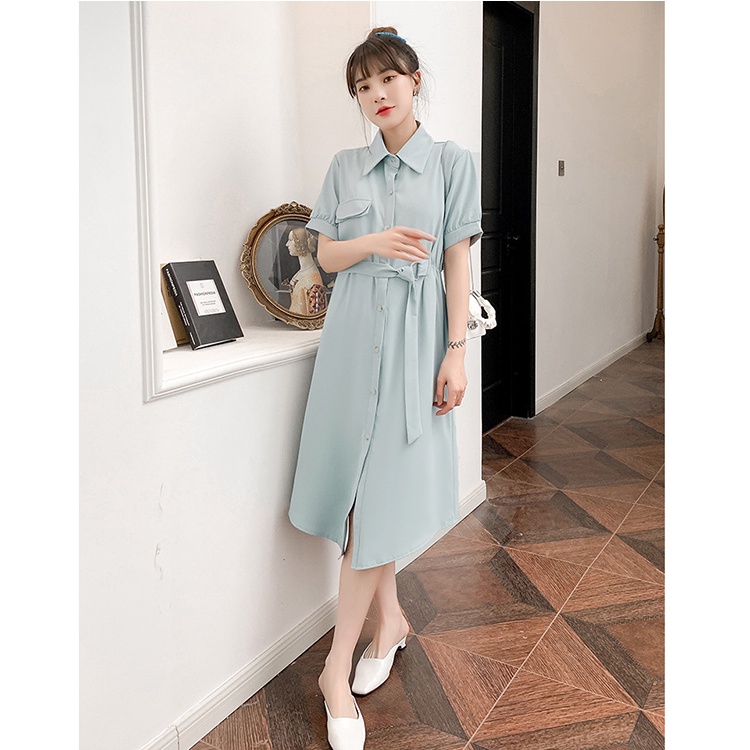 Đầm suông cổ sơ mi đính cúc dọc Váy thắt dây eo ngắn tay công sở kèm túi trước