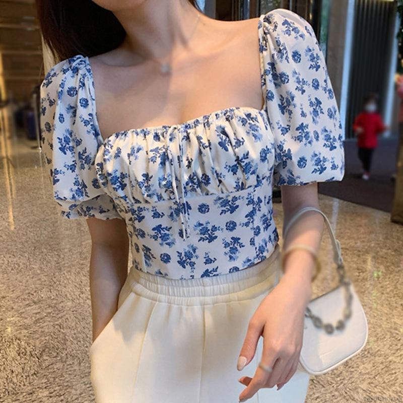 Áo Croptop Áo Kiểu Nữ Tay Phồng Cổ Vuông Họa Tiết Hoa Xinh Xắn Phong Cách Hàn Quốc