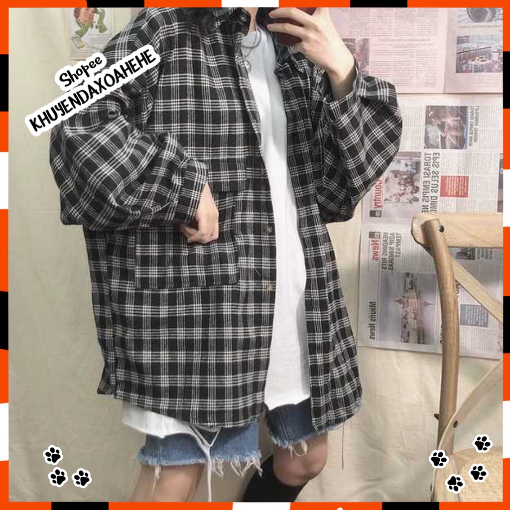 A011 Áo sơ mi kẻ caro oversize nam nữ vintage dài tay ulzzang, áo khoác chống nắng form rộng tay phồng Hàn Quốc đi học đ