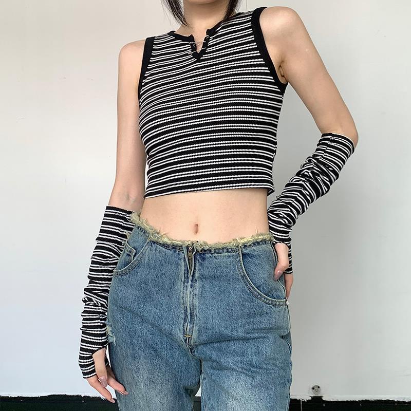 Áo Tank Top Cổ Chữ V Kẻ Sọc Phối Găng Tay Cá Tính Cho Nữ