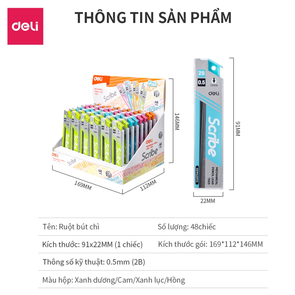 [Mã LIFEDELI20K5 giảm 20K đơn 0Đ] Ruột bút chì 0.5mm Deli, Xanh dương/Cam/Xanh lục/Hồng - 2 Ống - E7003