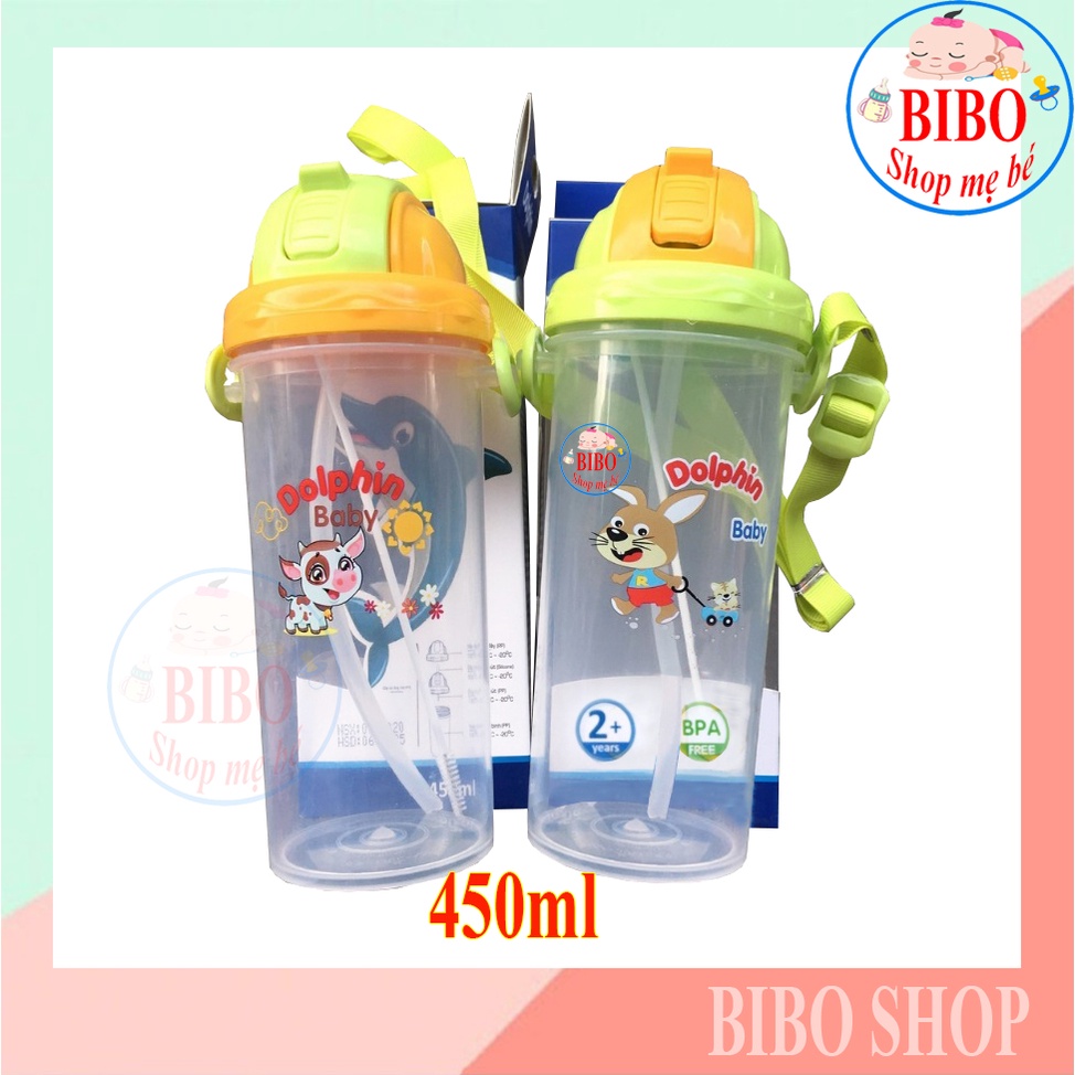 Bình Ống Hút Mềm Cho Bé Đi Học Dolphin, Bình Uống Nước Học Sinh 450ml