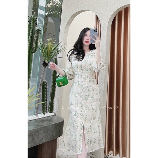 [Hàng sẵn - Hình thật] Đầm hoa cổ bèo tay lửng dáng dài đuôi cá xoè nhẹ