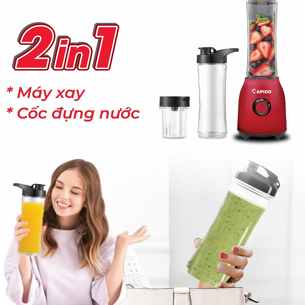 Máy xay sinh tố mini Rapido RB-300M, tặng thêm cốc đựng, lưỡi xay sắc bén đa chức năng bằng thép không gỉ