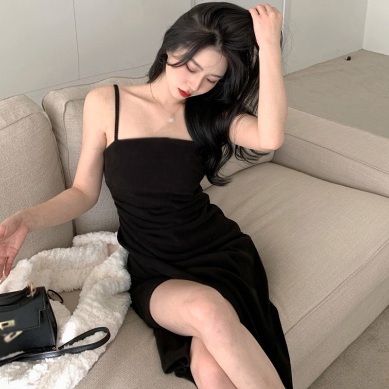 Đầm Hai Dây Màu Sắc Trơn Thiết Kế Xẻ Tà Phong Cách Hàn Quốc Xinh Xắn Cho Nữ