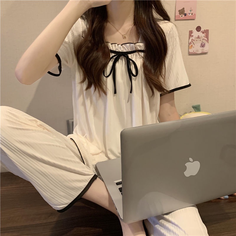 Bộ Đồ Ngủ Ngắn Tay Cổ Vuông Dễ Thương Thời Trang Mùa Hè Cho Bạn Gái