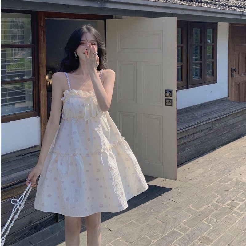 Váy babydoll Đầm Hai Dây Ngắn Dáng Rộng Vải Lông Xù In Hoa Nhỏ Xinh Thời Trang Mùa Hè Hàn Quốc