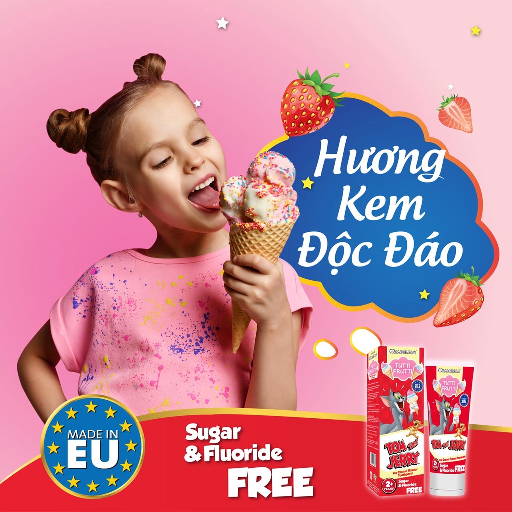 Combo 2 kem đánh răng trẻ em OralClean Tom &amp; Jerry Tutti-Frutti (75ml/tuýp)