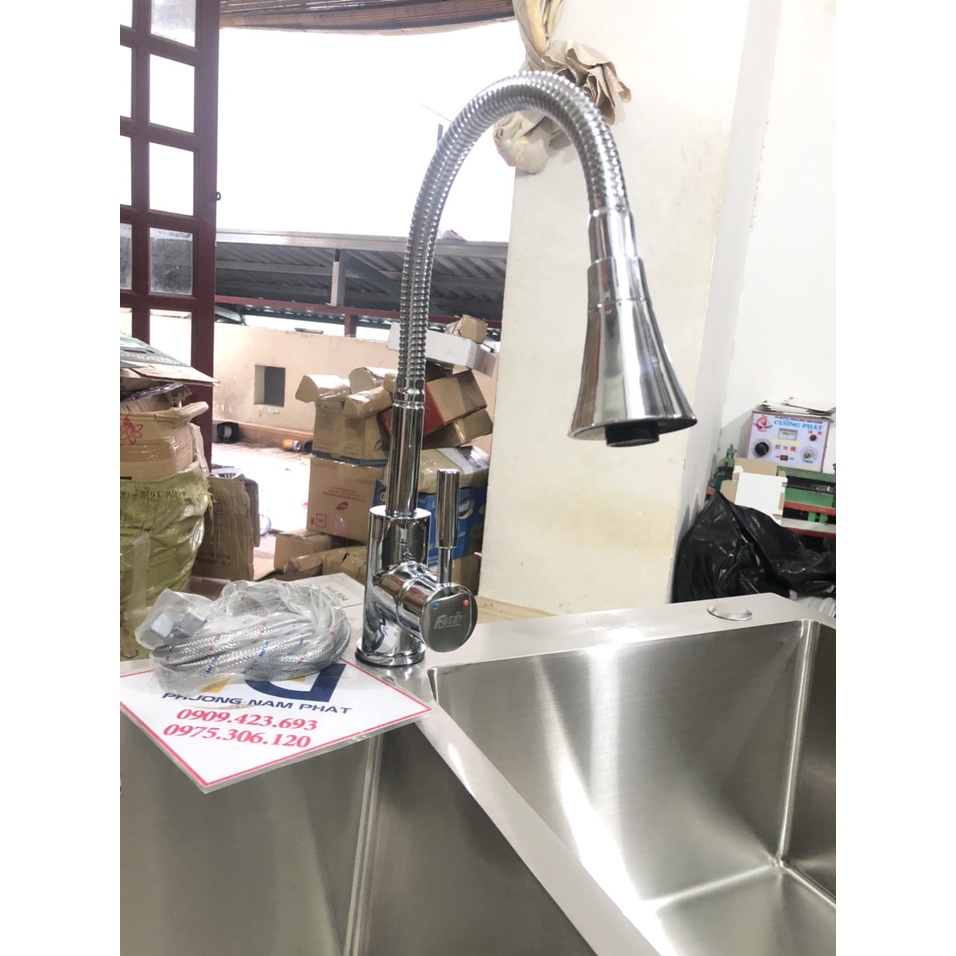 [LOẠI 1-HÀNG ĐÚC] Vòi Rửa Chén Bát Nóng Lạnh đồng thau mạ crom lò xo bẻ được mọi vị trí N4015 Fotar và 2 dây