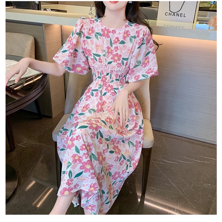 Váy hoa vitage, đầm hoa ulazzang chun eo tay phồng hai màu hồng, tím dễ thương