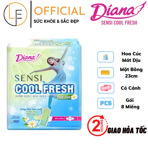 [Tặng Thêm 2 Miếng]Băng Vệ Sinh Diana Sensi Cool Fresh Mặt Bông 23cm Có Cánh - 8 Miếng Mẫu Mới Hoa Cúc