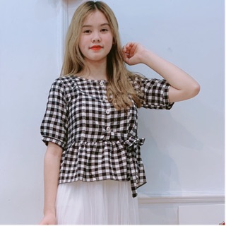 Áo sơ mi babydoll caro buộc sườn Xanh Đen