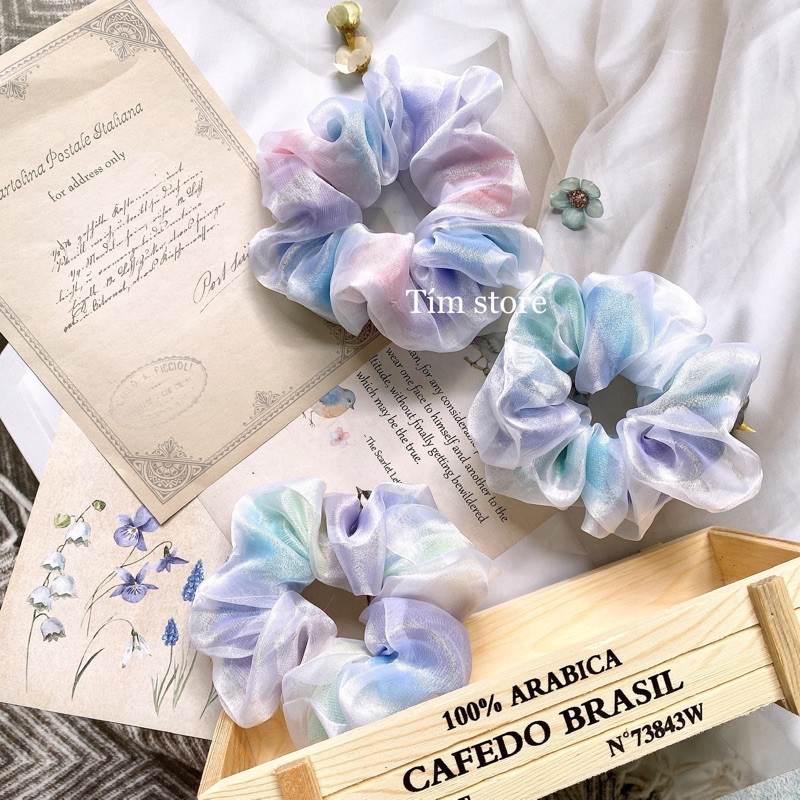 Dây cột tóc vải scrunchies cầu vồng 2 lớp siêu phồng TÍM STORE phụ kiện tóc dễ thương phong cách hàn quốc