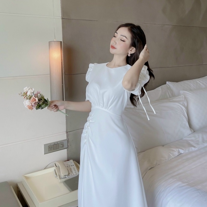 Đầm Dáng Dài Dự Tiệc Thiết Kế Nhún Eo Tay Bồng,Váy MiDi Lụa Tơ Pháp  Nhẹ Nhàng Sang Chảnh Thời Trang nữ MP