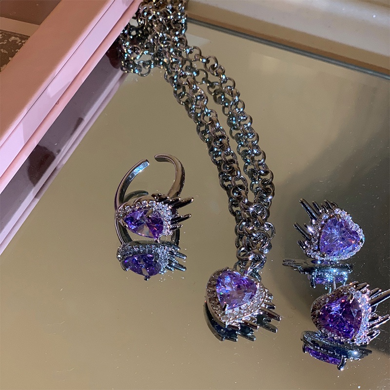Phong cách mới nhất màu tím màu tình yêu hình dạng dát zircon vòng cổ bông tai bộ chuỗi dày của phụ nữ chuỗi xương đòn