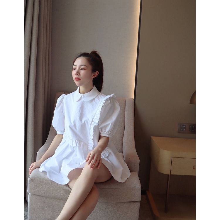 Set áo trắng kèm quần short ngắn HB thiết kế có cổ và đường xếp ly trang trí S065