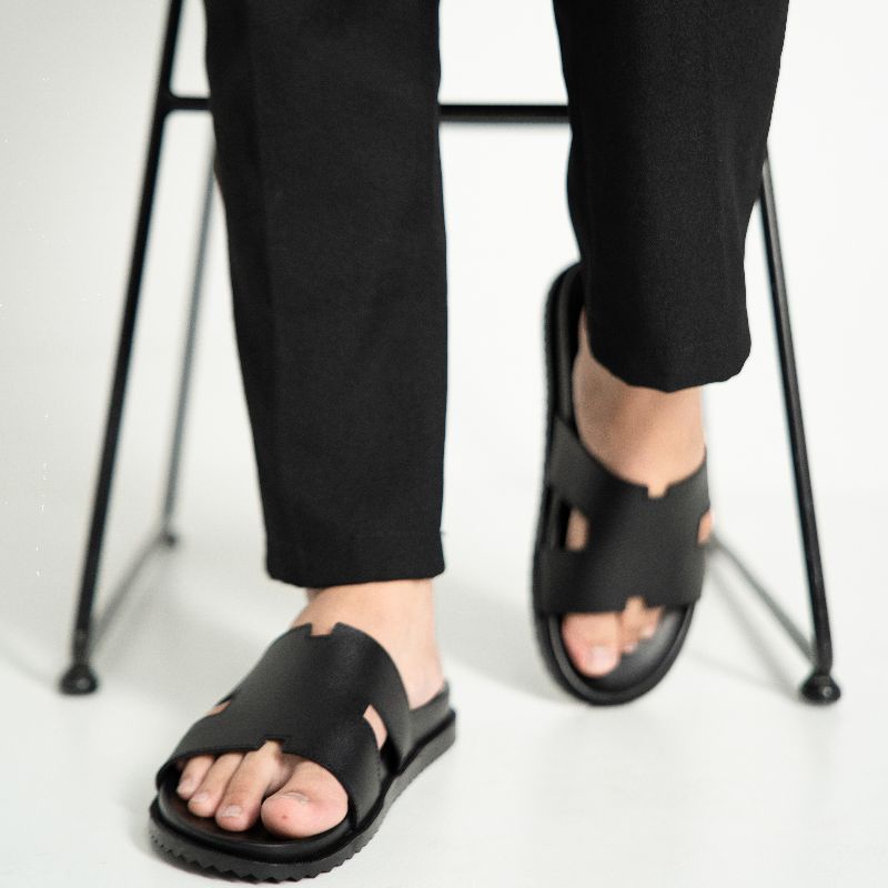 Dép da nam nữ couple , dép quai ngang chữ H da bò cao cấp thương hiệu HORSE đế cao su non - H ĐEN01