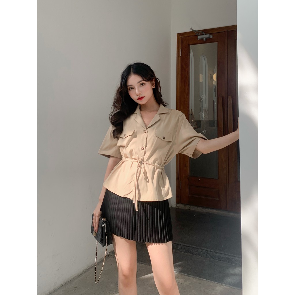 TUBYCATU | Áo sơ mi kem rút eo túi đắp