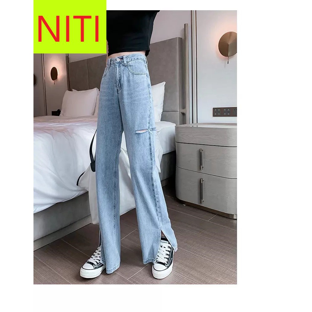 [ TREND CHẤT ] QUẦN JEAN ỐNG RỘNG NỮ XẺ LAI RÁCH BE TRÁI CAO LAI CUỐN LƯNG CAO MÀU XANH NHẠT CAO CẤP NITI ĐỦ SIZE
