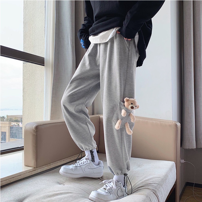 ✦ AFFLIGA ✦Quần thể thao ống đứng vải cotton co giãn in hình gấu hoạt hình thời trang Hàn Quốc cho nam size S-3XL