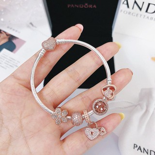 Vòng Tay Pandora Mạ Bạc 925 Mặt Hình Trái Tim Có charm charm Màu Hồng 100% As 5631