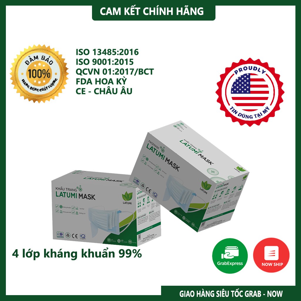 Khẩu Trang Y Tế 4 Lớp Có LOGO,Hộp 50 Chiếc Kháng Khuẩn LATUMI