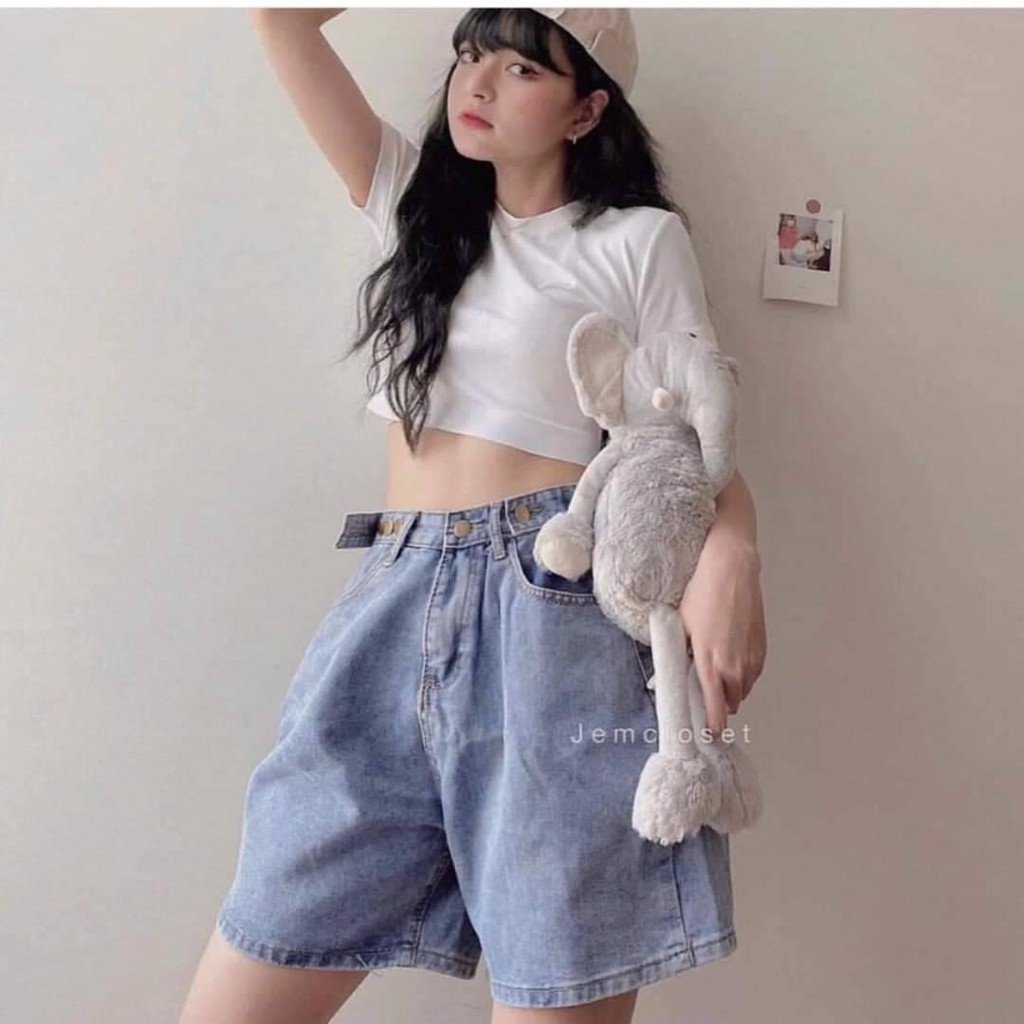 Quần Short Jeans Nữ Ống Rộng Ngố Bò Nút Hông có cúc eo, chất bò mềm mịn
