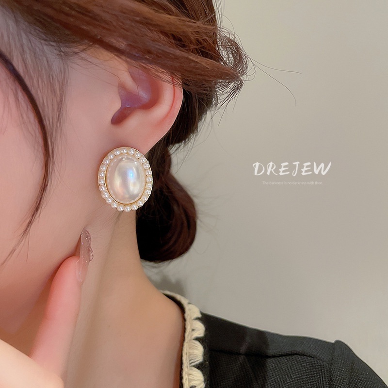 DREJEW Bông Tai Mạ Bạc Hình Oval Đính Ngọc Trai Thời Trang Cao Cấp