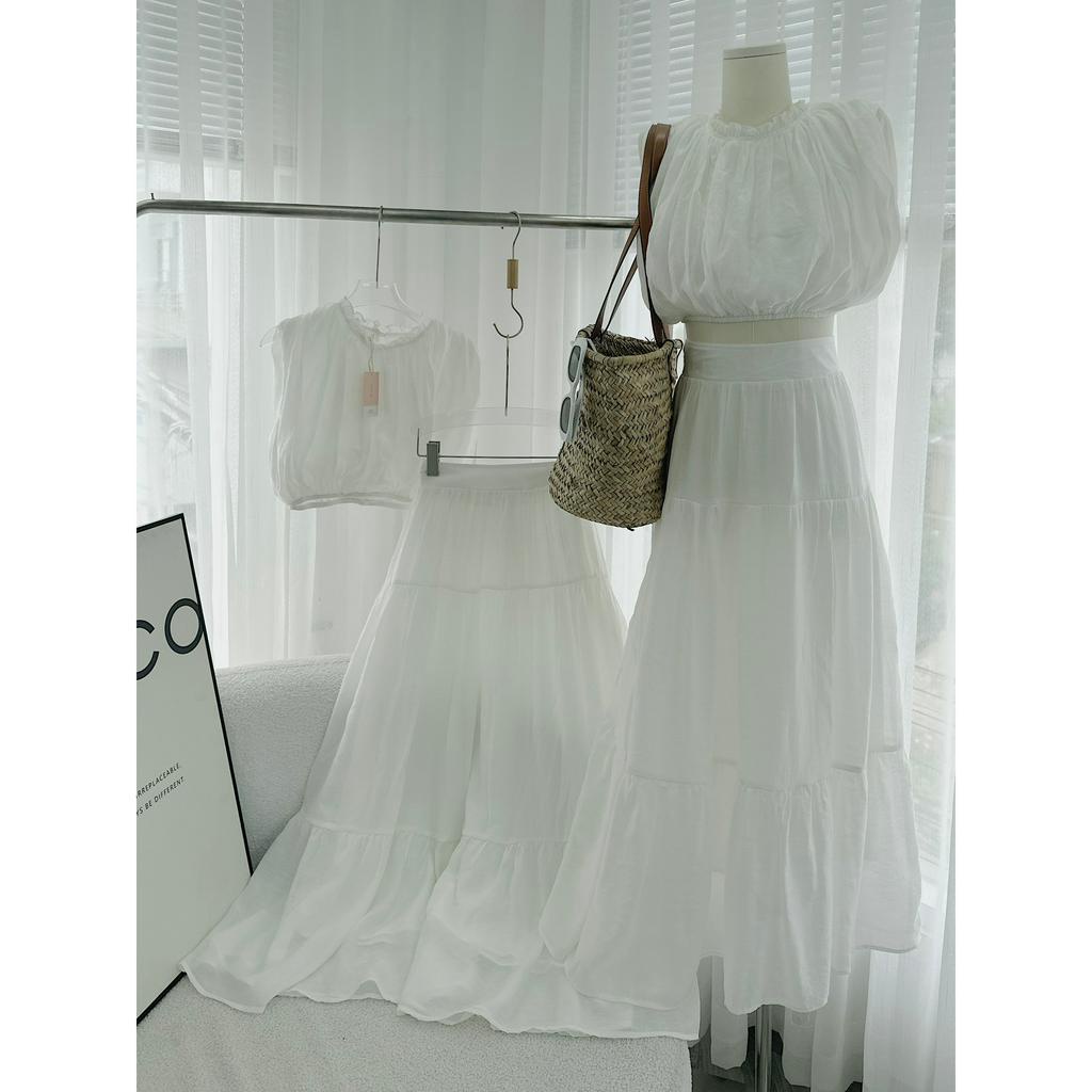 SET ÁO CROPTOP  SÁT NÁCH PHỒNG REN + CHÂN VÁY MIDI TRẮNG (TH)