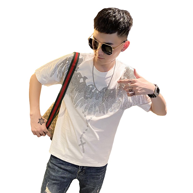Moyi MOYI Áo Thun Nam Ngắn Tay Đính Đá Phong Cách Đường Phố Mùa Hè 6026