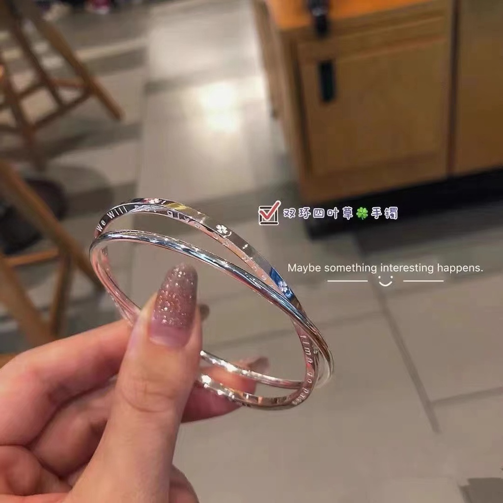 Vòng Tay Bạc 999 Hai Lớp Hình Cỏ Bốn Lá Xinh Xắn Cho Nữ