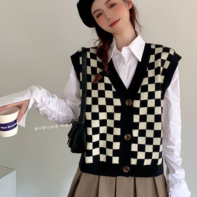 172907 |Màu Đen| Áo Len Không Tay Cổ Chữ V Họa Tiết Sọc Caro Dễ Phối Đồ