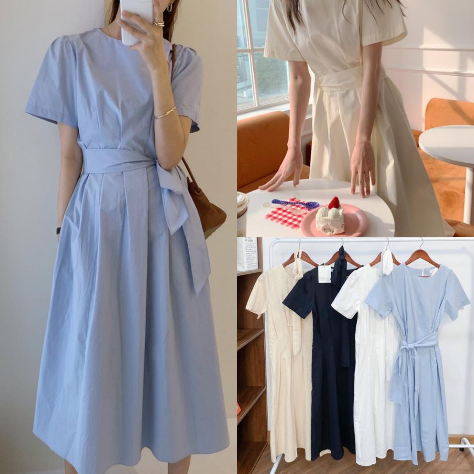 Váy maxi thắt nơ eo rơi, đầm xếp ly eo kèm thắt lưng (ảnh thật) Hàn Quốc - V43FG JV
