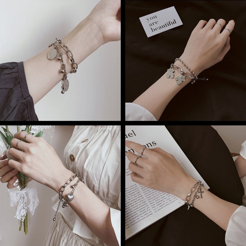 Vòng Tay Bằng Thép Titan Nhiều Lớp Nhiều Kiểu Dáng Cho Nữ Phong Cách Hip Hop Thời Trang Hàn Quốc