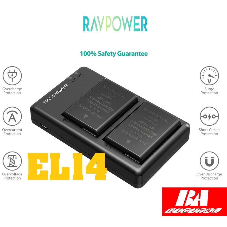 Bộ 2 Pin + 1 Sạc RAVPower EN-EL14 for Nikon D3100, D3200, D3300, D3400, D5100, D5200, D5300, D5500, D5600,......