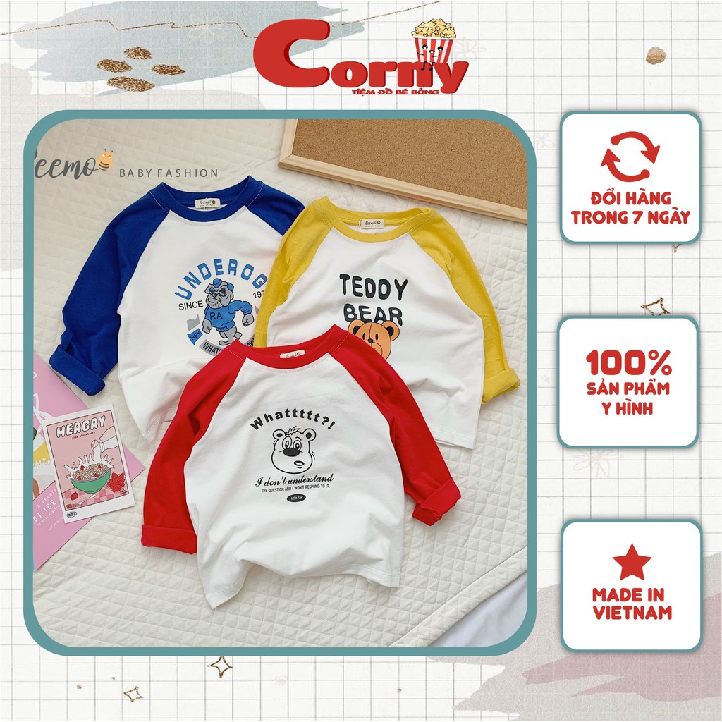 Áo thun dài tay raglan, phông 3 màu in hình ngộ nghĩnh cho bé trai, bé gái - 21A014