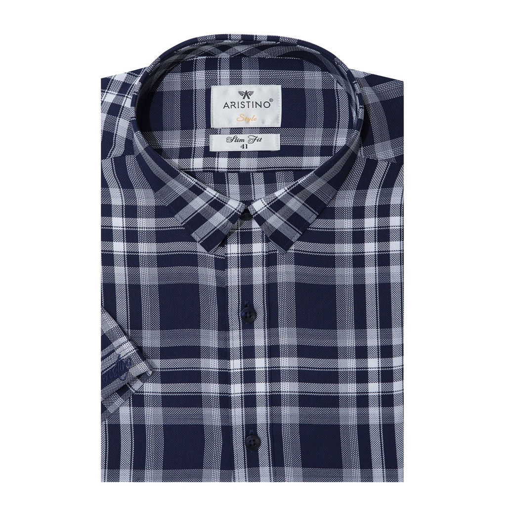 Áo Sơ Mi Nam Ngắn Tay ARISTINO ASS177S1 Somi Công Sở Cao Cấp Màu Xanh Tím Than Kẻ Trắng Sợi Sồi Mềm Mát Dáng Ôm Tà Lượn