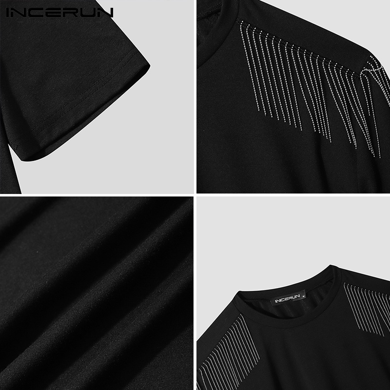 Áo thun INCERUN tay ngắn cổ tròn dáng rộng họa tiết tua rua thời trang cho nam