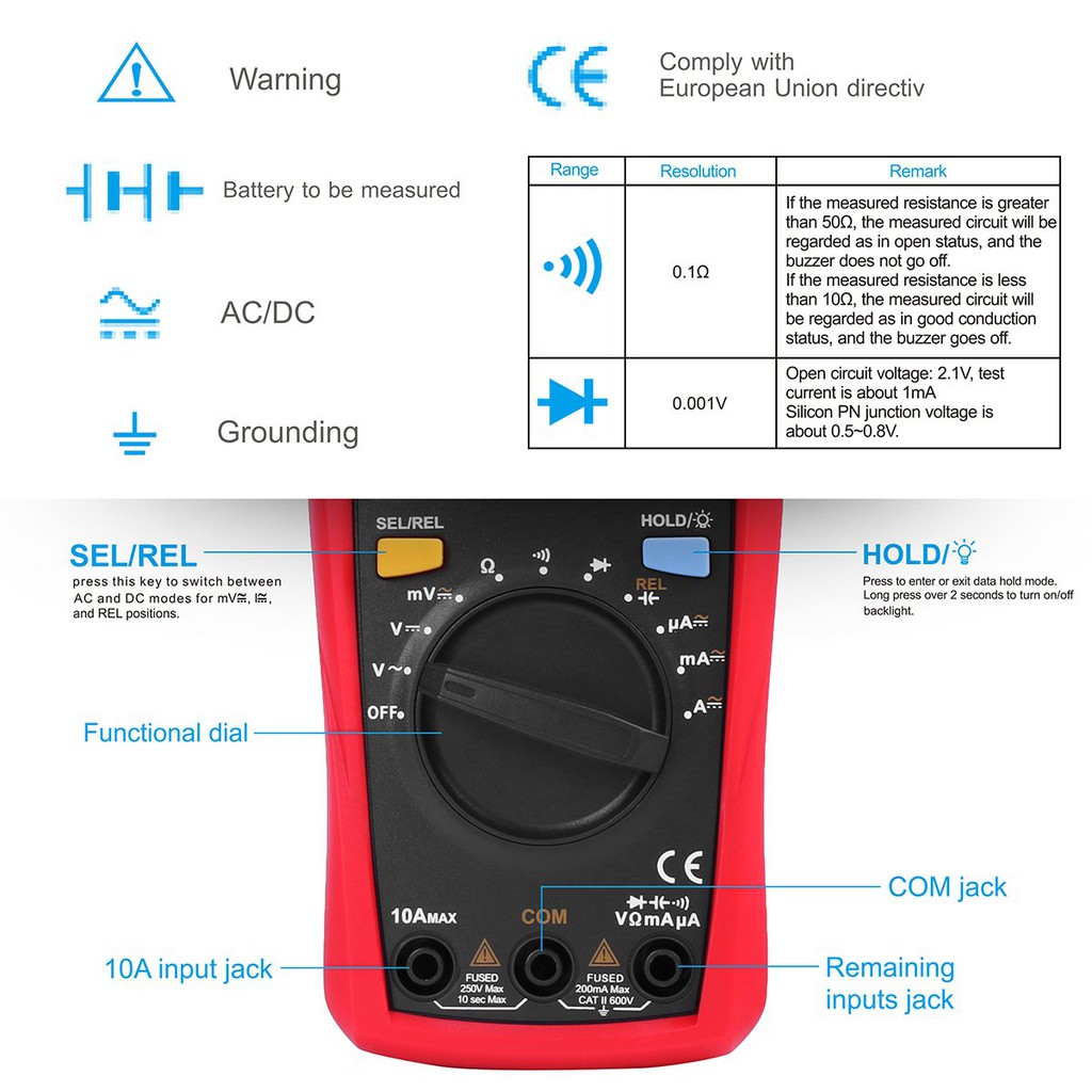 Đồng hồ vạn năng kỹ thuật số UNI-T UT33A + Kích thước lòng bàn tay Điện trở hiện tại Đo LCD AC DC + 2mF Điện dung LCD Tester Đèn nền