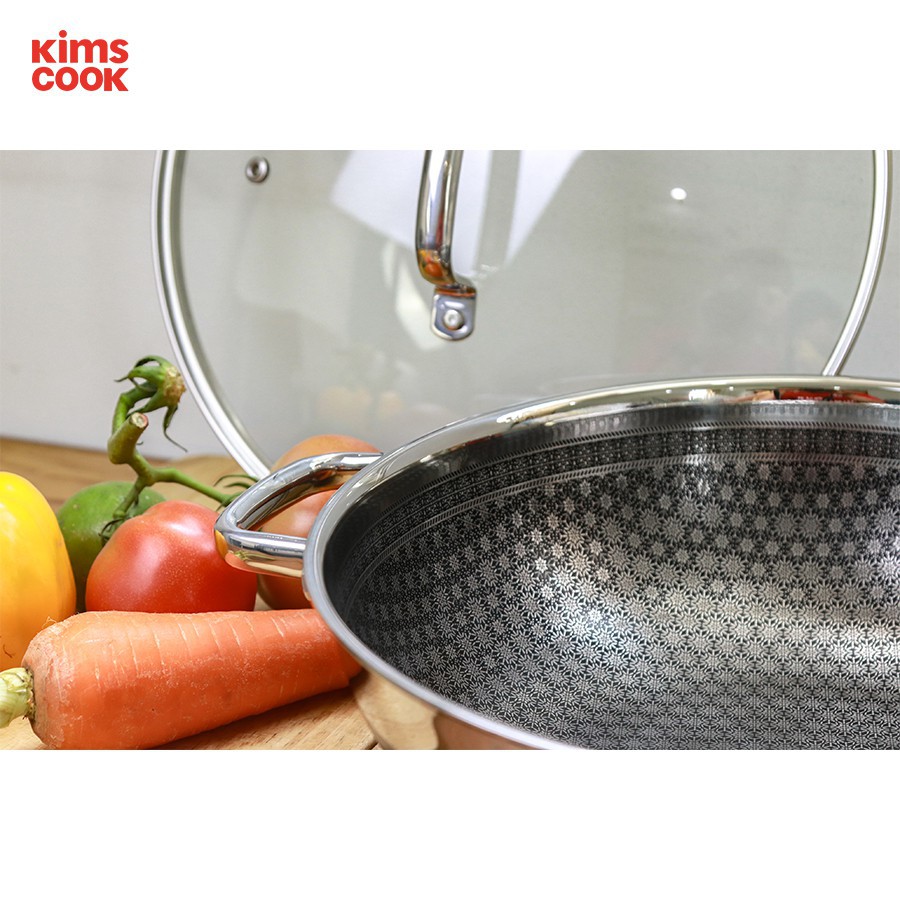 Chảo chống dính 2 mặt sâu lòng inox 304 Kimscook Blackcube 3 lớp đúc liền dòng Noon Song size 30cm, 32cm tặng 1 sạn inox